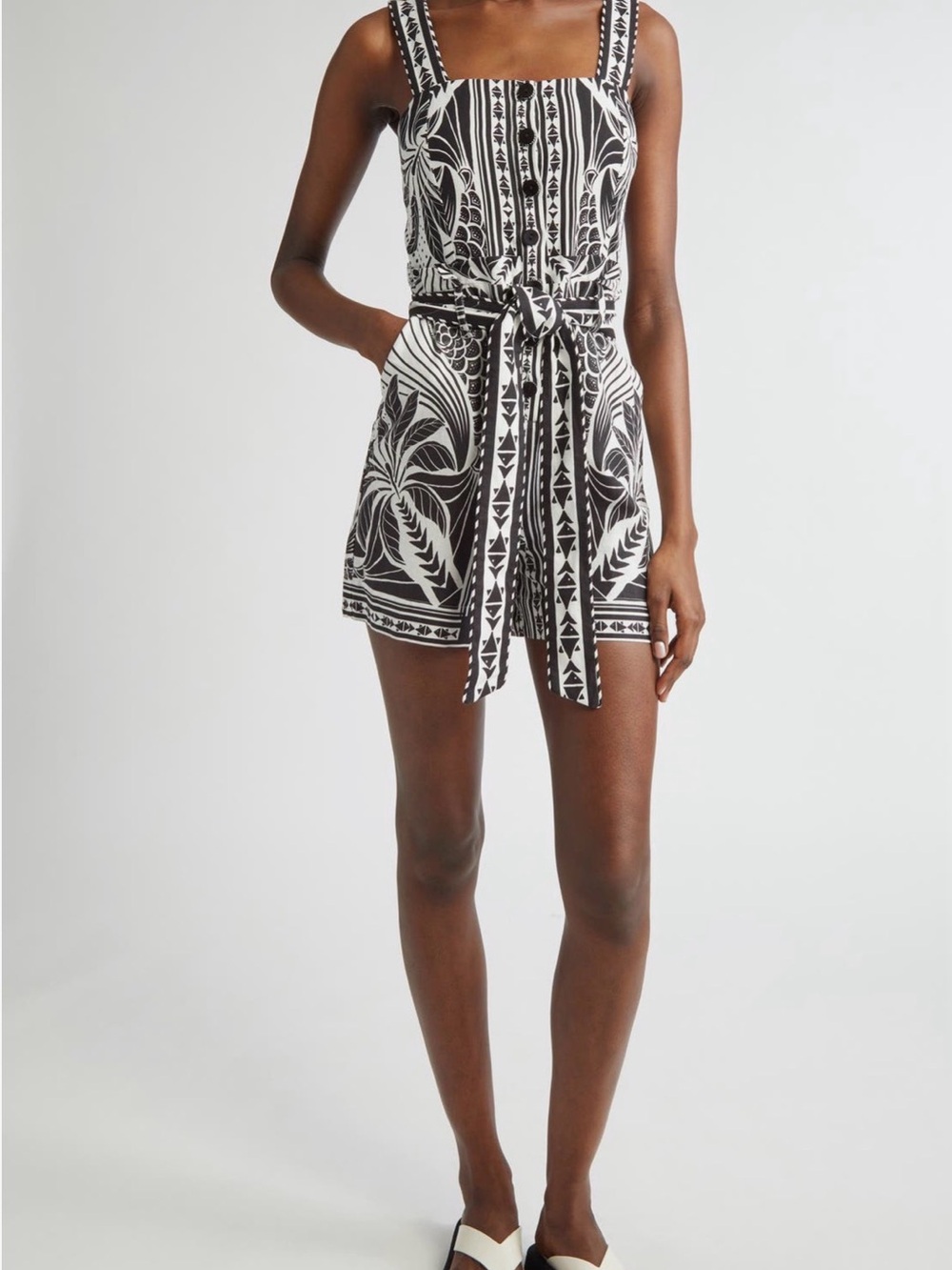 FARM Rio Monochrome Elegance Scarf Linen Blend Romper Black White XXS